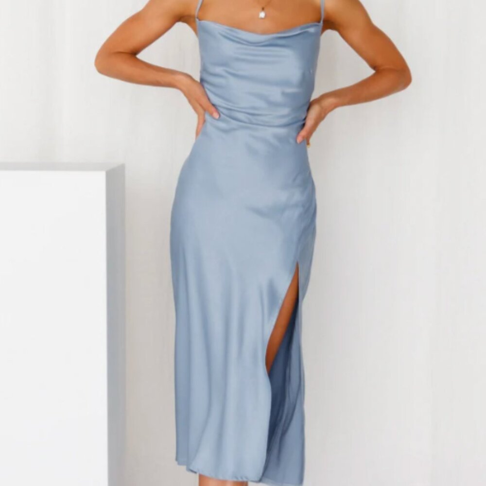 Blue Satin Midi Dress